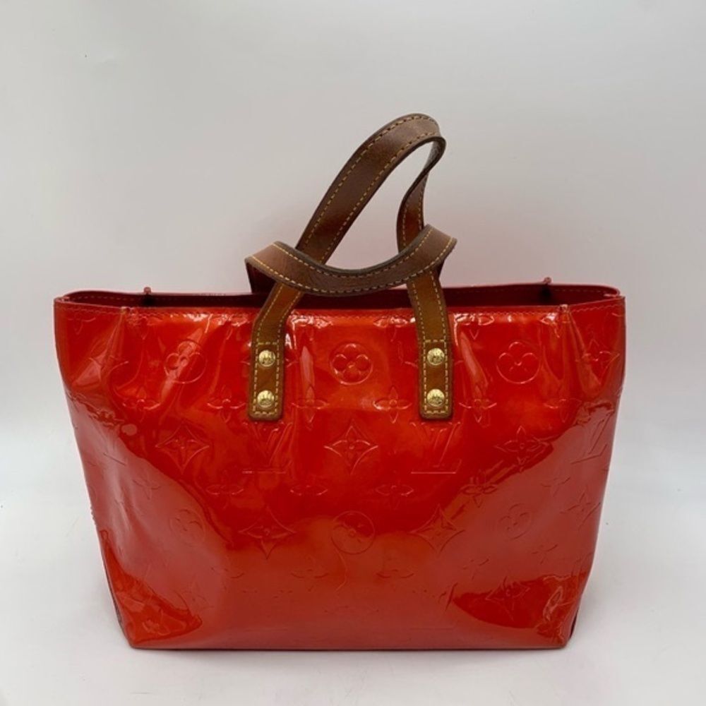 Auth Louis Vuitton Mini Red LV Monogram Vernis Tote Vachetta Leather Handles - Picture 2 of 14